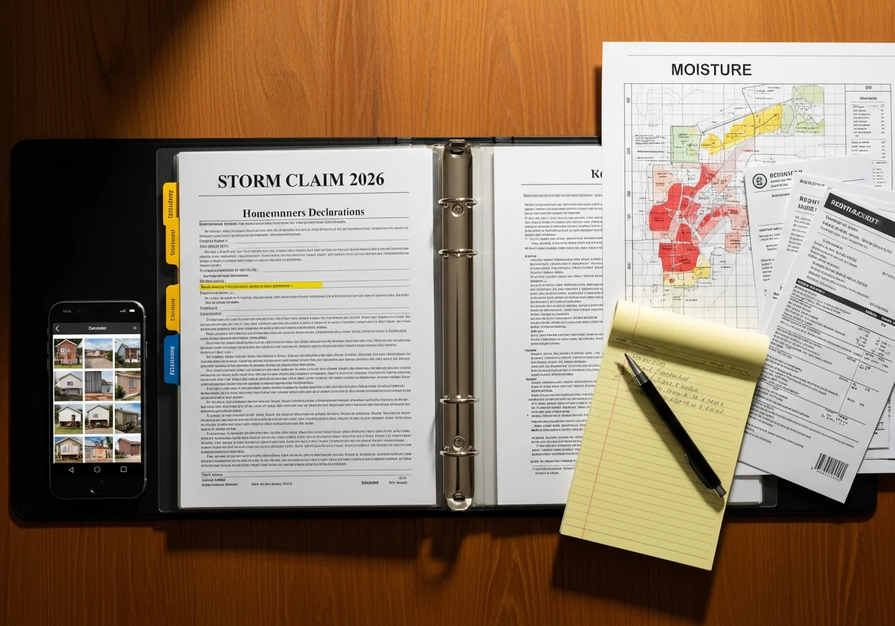 Top-down flat-lay of an open black 3-ring binder labeled STORM CLAIM 2026 with tabbed dividers, an open homeowners declarations page with key lines highlighted in yellow, a stack of paper repair receipts and contractor invoices, a printed moisture map with grid coordinates and red shaded zones, a yellow legal pad with handwritten notes, a smartphone showing photo thumbnails of damage