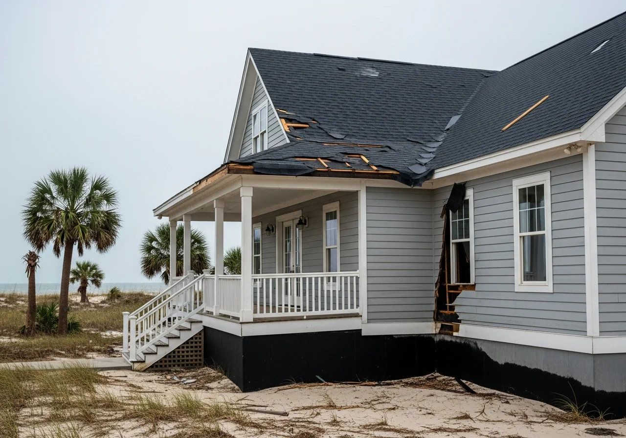 Coastal Carolina home with gray cement-board siding and white trim showing mixed wind and storm-surge damage — torn shingles and missing porch railing on the wind-exposed side, dark waterline staining on the lower siding indicating storm surge, sand and salt-grass debris around the foundation, palmetto trees in background