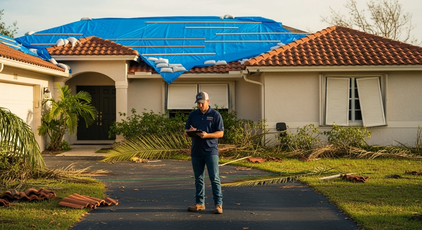 Wide cinematic shot of a single-story Florida stucco home with a damaged terracotta tile roof partially covered by a bright blue emergency tarp lashed with sandbags, a Palm Build technician in a navy embroidered polo standing on the driveway with a clipboard taking notes, palm fronds and broken roof tiles scattered on the lawn