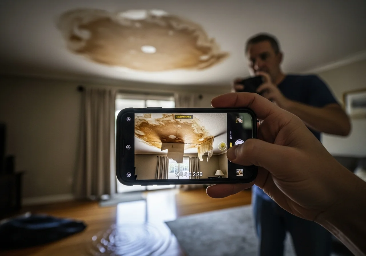 Over-the-shoulder shot of a homeowner in their 40s photographing a large brown ceiling water stain and a section of buckled wet drywall using an iPhone held in landscape orientation, the phone screen showing a timestamp overlay and the camera live view of the damage
