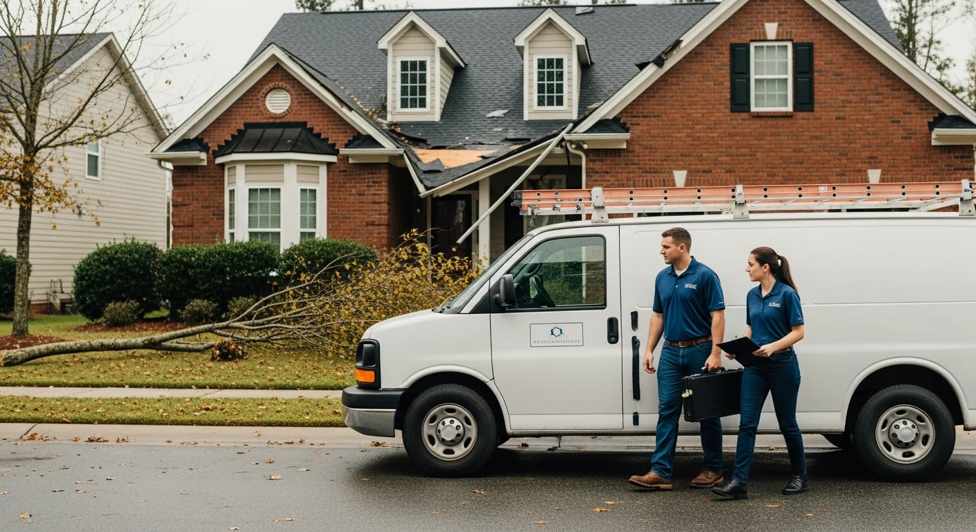 Wide shot of a clean white Palm Build branded service van pulling up to a two-story Carolina red-brick home with storm damage — broken gutter hanging loose, missing shingles, a downed branch on the lawn, two technicians in navy embroidered polos stepping out with clipboards and a tool case