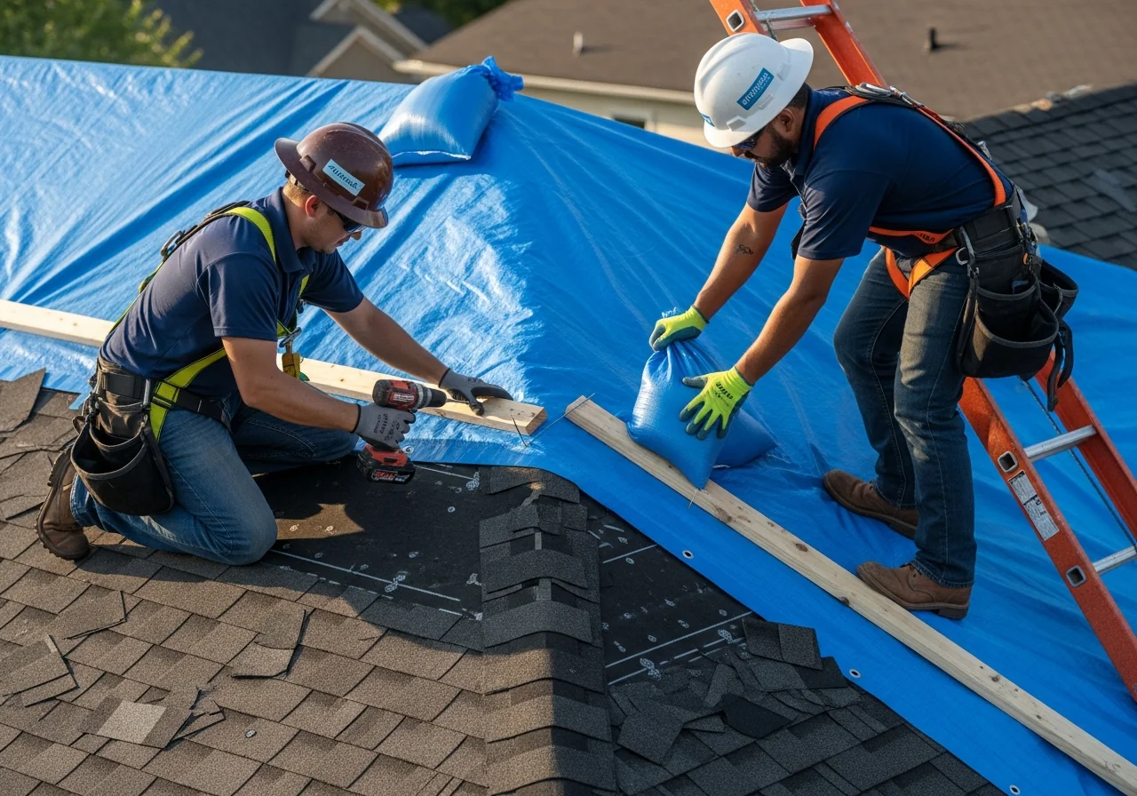 Two restoration crew members on a damaged asphalt-shingle residential roof installing a heavy-duty bright blue tarp, securing it with 2x4 wood battens and sandbags, missing shingles around the tarp area exposing dark underlayment, suburban Carolina neighborhood roofline in the background
