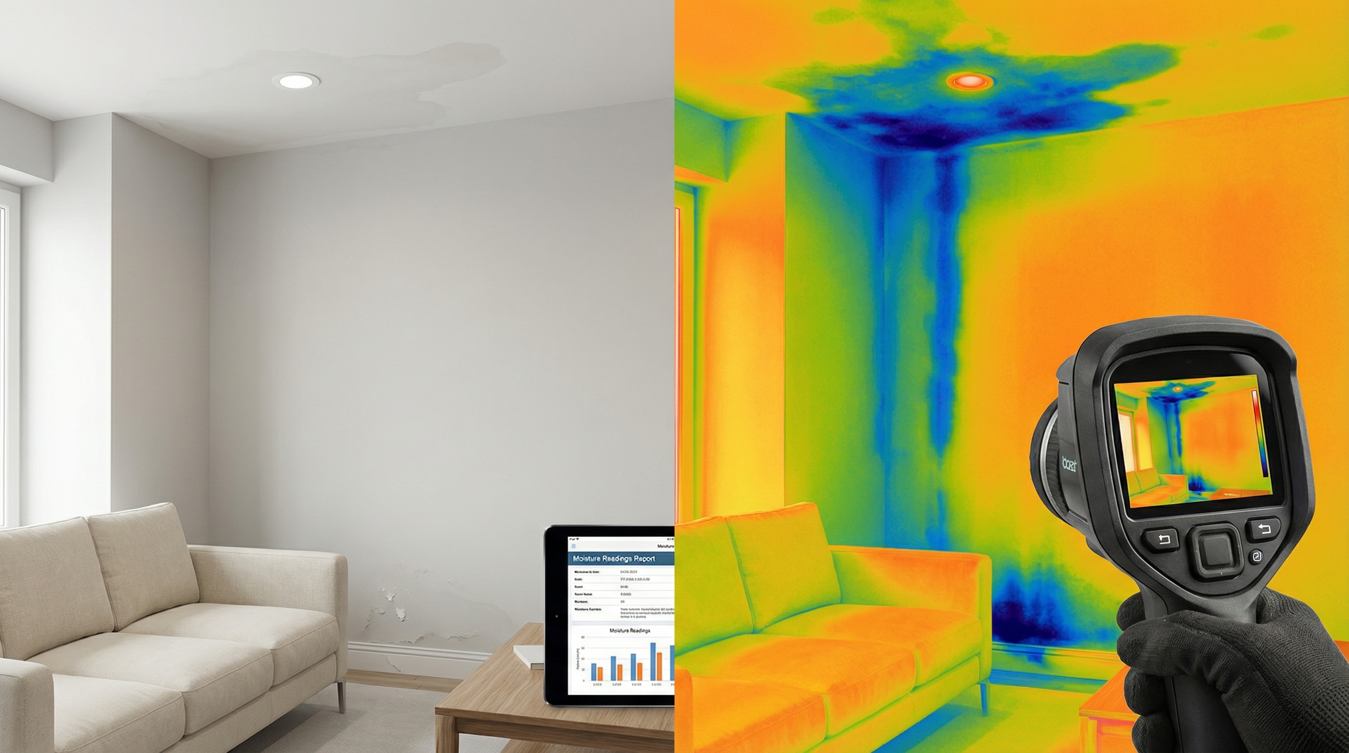 Thermal imaging camera view revealing hidden water damage behind walls and ceiling in residential property