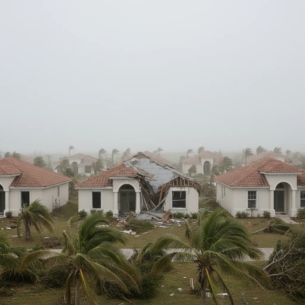 Florida coastal subdivision photograph showing hurricane shutters intact on most homes but one home displaying a clean tornado-track signature with the roof torn off and neighboring homes mostly fine, palm trees framing the property, stucco architecture and tile-roof neighbors visible, post-storm sky with scattered clouds