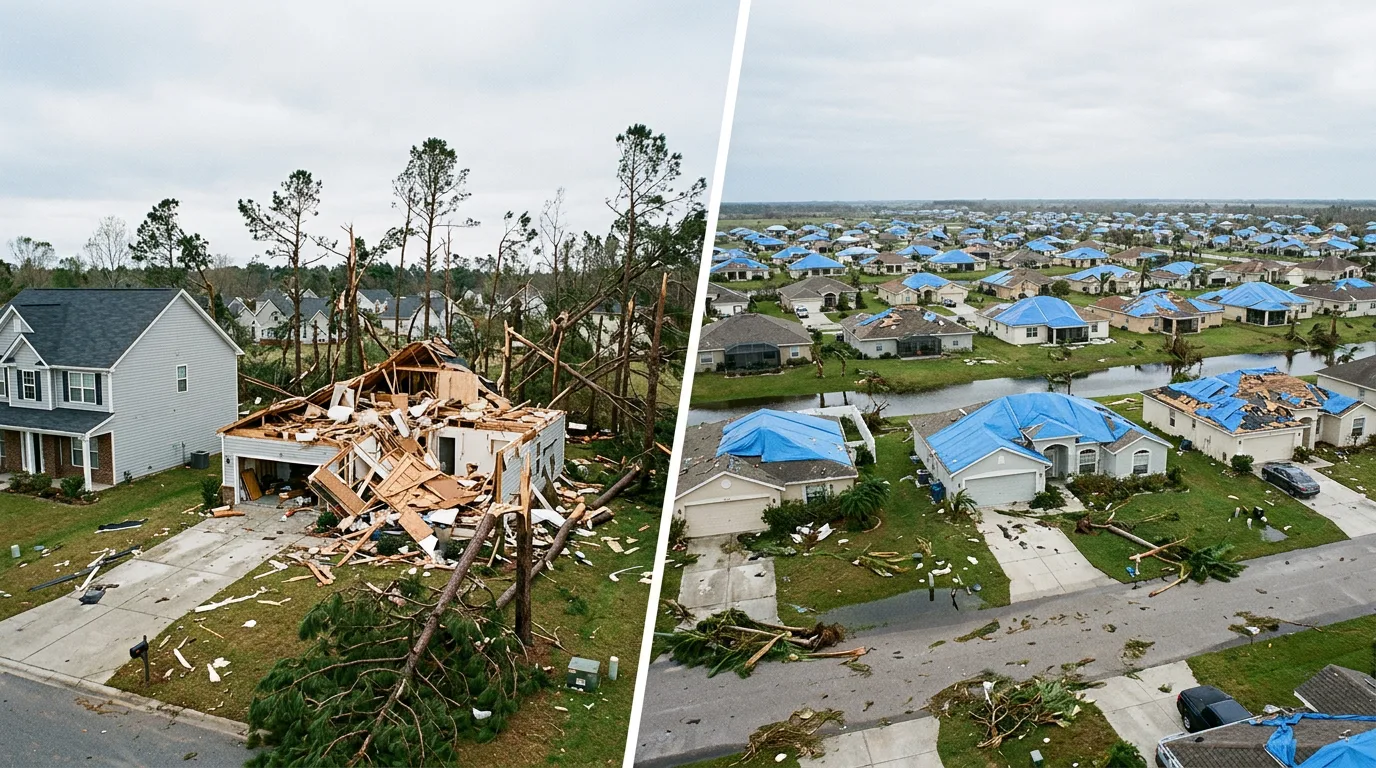 Wide cinematic split-frame photograph contrasting two storm damage signatures across the Southeast — left half shows a narrow surgical tornado track cutting diagonally through a North Carolina Piedmont neighborhood with one home reduced to splintered framing while the immediately adjacent home stands untouched, right half shows a wide hurricane footprint across a Florida coastal subdivision with dozens of homes wearing peeled asphalt shingles, blue FEMA tarps, palm fronds blanketing driveways, and residual standing water reflecting the overcast post-storm sky
