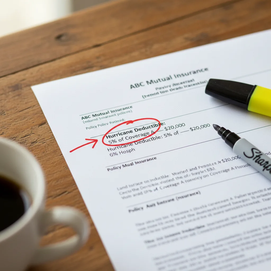 Tight overhead close-up product photograph of a homeowners insurance declarations page laid on a warm-toned reclaimed wood desk with the line item Hurricane Deductible 5 percent of Coverage A circled in bold red marker with a hand-drawn arrow pointing to it, a yellow highlighter and uncapped red Sharpie resting beside the page, a neutral ceramic coffee cup blurred at the bottom-left frame edge, soft natural side-window light from upper right