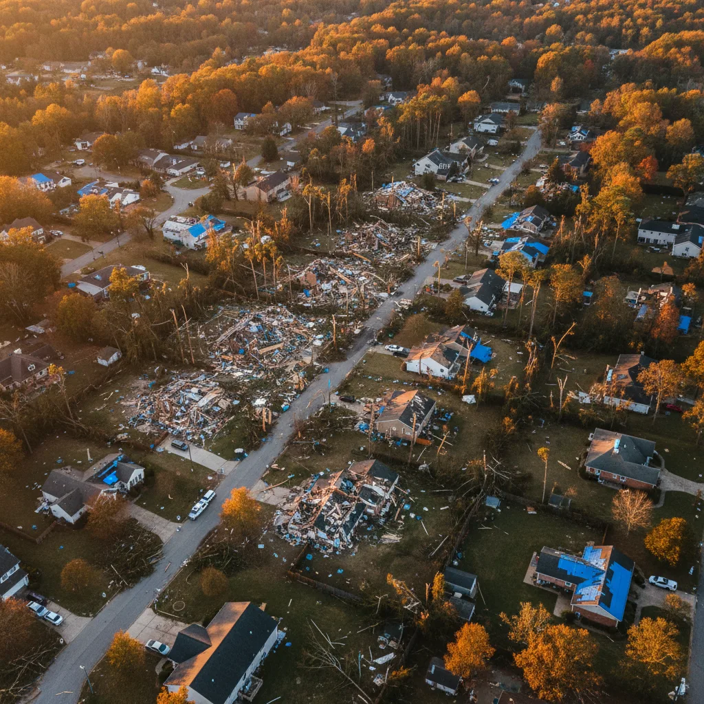 Aerial drone photograph of a North Carolina Piedmont suburban neighborhood viewed from approximately 400 feet altitude with slight oblique perspective showing a clean diagonal tornado track cutting across the frame from upper-left to lower-right roughly 200 yards wide of total destruction with snapped pine and oak trees and scattered debris fields, surrounded by the wider neighborhood showing hurricane-scale damage but mostly intact homes wearing peeled asphalt shingles and blue FEMA tarps with fallen tree limbs and leaf-littered lawns, late-afternoon golden light raking long shadows from remaining trees