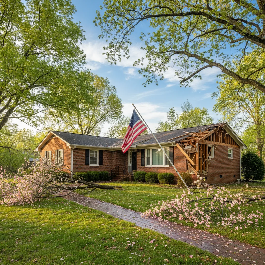 North Carolina inland Piedmont and Triad area tornado damage to a brick ranch home in spring greenery showing partially collapsed brick wall a bent metal flagpole and dogwood trees flattened into the lawn, clear post-storm afternoon sky and contrasting fresh spring grass