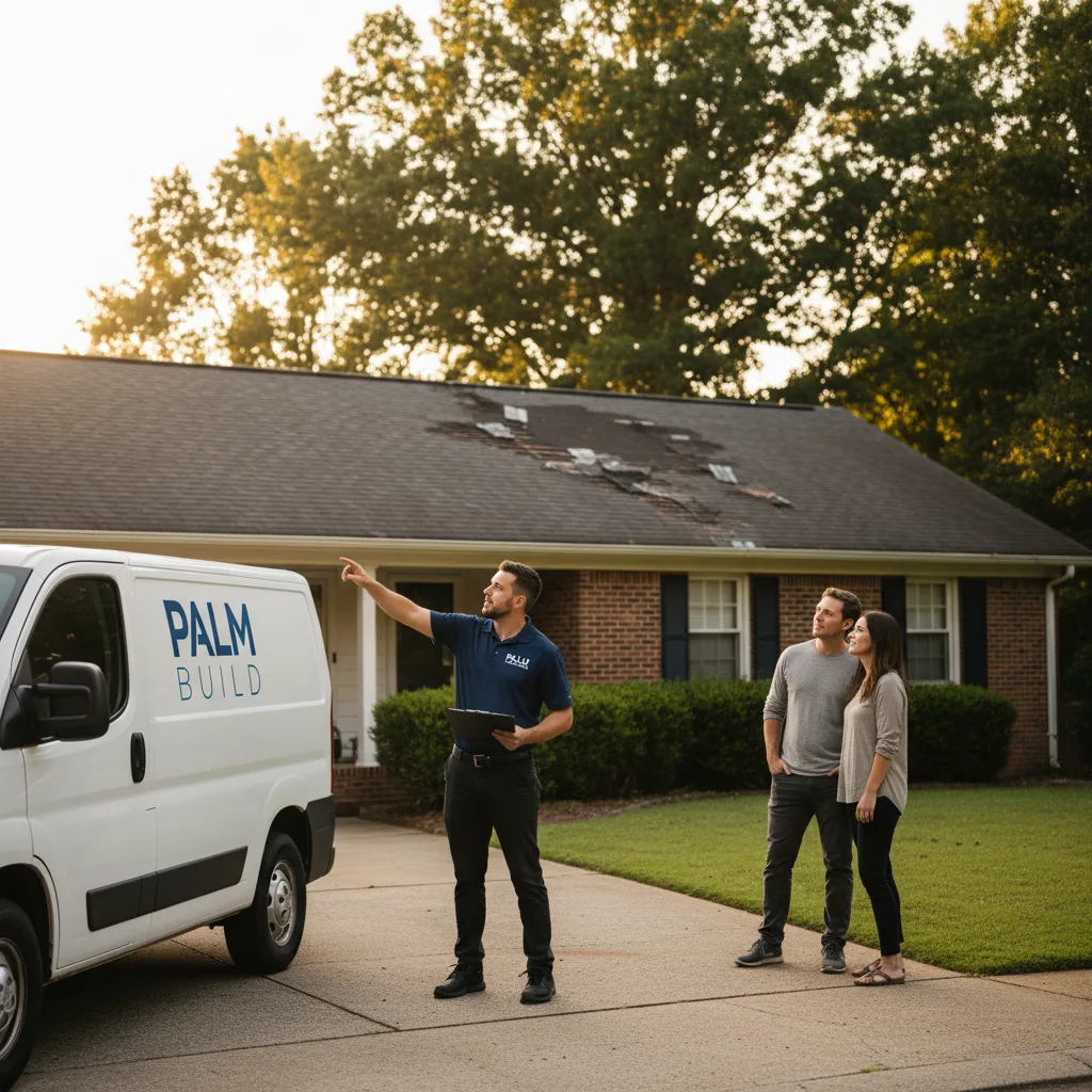 Mid-shot environmental documentary photograph in late-afternoon golden-hour light raking across a Concord and Charlotte North Carolina suburban driveway showing a property restoration technician in his 30s wearing a clean navy embroidered polo shirt with the words PALM BUILD clearly readable across the upper chest in white sans-serif lettering holding a clipboard with documentation forms and gesturing upward to point out tornado damage on the front-facing roof slope to a homeowner couple in casual clothing standing safely on the lawn beside him, a clean white service van parked at the curb with PALM BUILD lettering across the door panel in clear plain text, mature oak trees in the background, NC Piedmont brick-veneer ranch architecture, missing roof shingles visible on the home's front-right slope