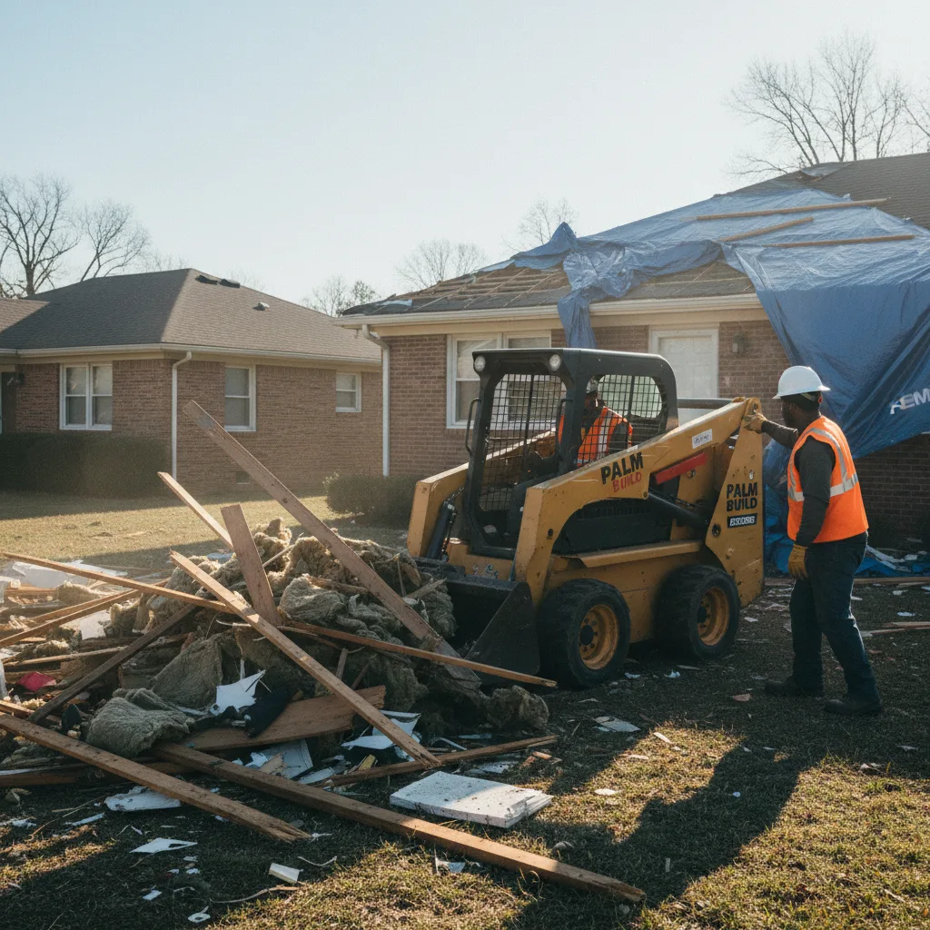Documentary photograph of a Palm Build crew clearing tornado debris from a partially collapsed Carolinas home with a compact skid-steer loader, technicians in PPE including hardhats gloves and high-visibility vests, blue tarp draped over the salvageable side of the structure, mid-morning light, twisted framing and scattered asphalt shingle debris in the foreground, neighboring homes mostly intact in the background