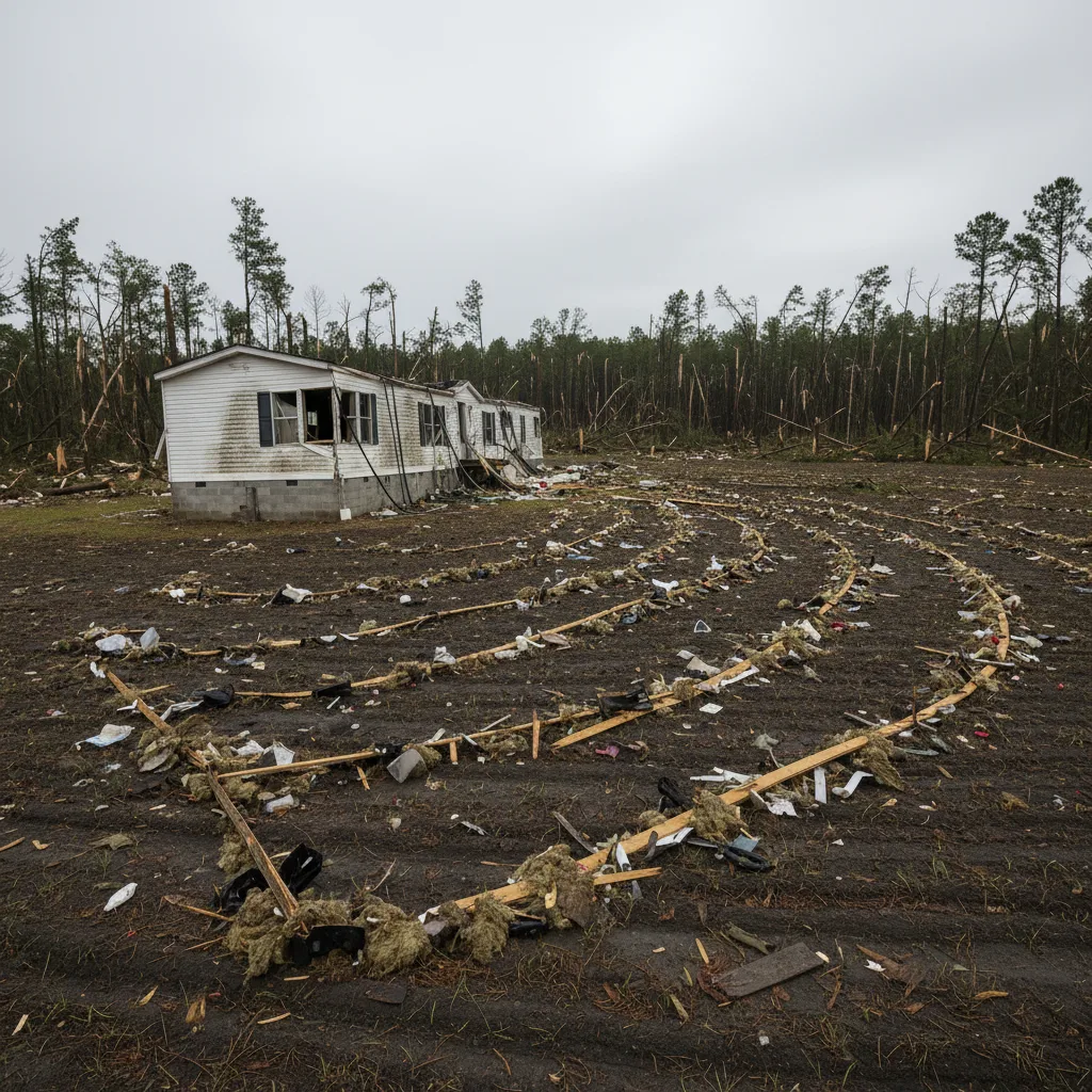 South Carolina Pee Dee region tornado aftermath photograph showing a manufactured home shifted off its foundation and listing slightly with debris fanned across an adjacent open field and longleaf pines snapped at trunk height surrounding the property, late afternoon overcast sky