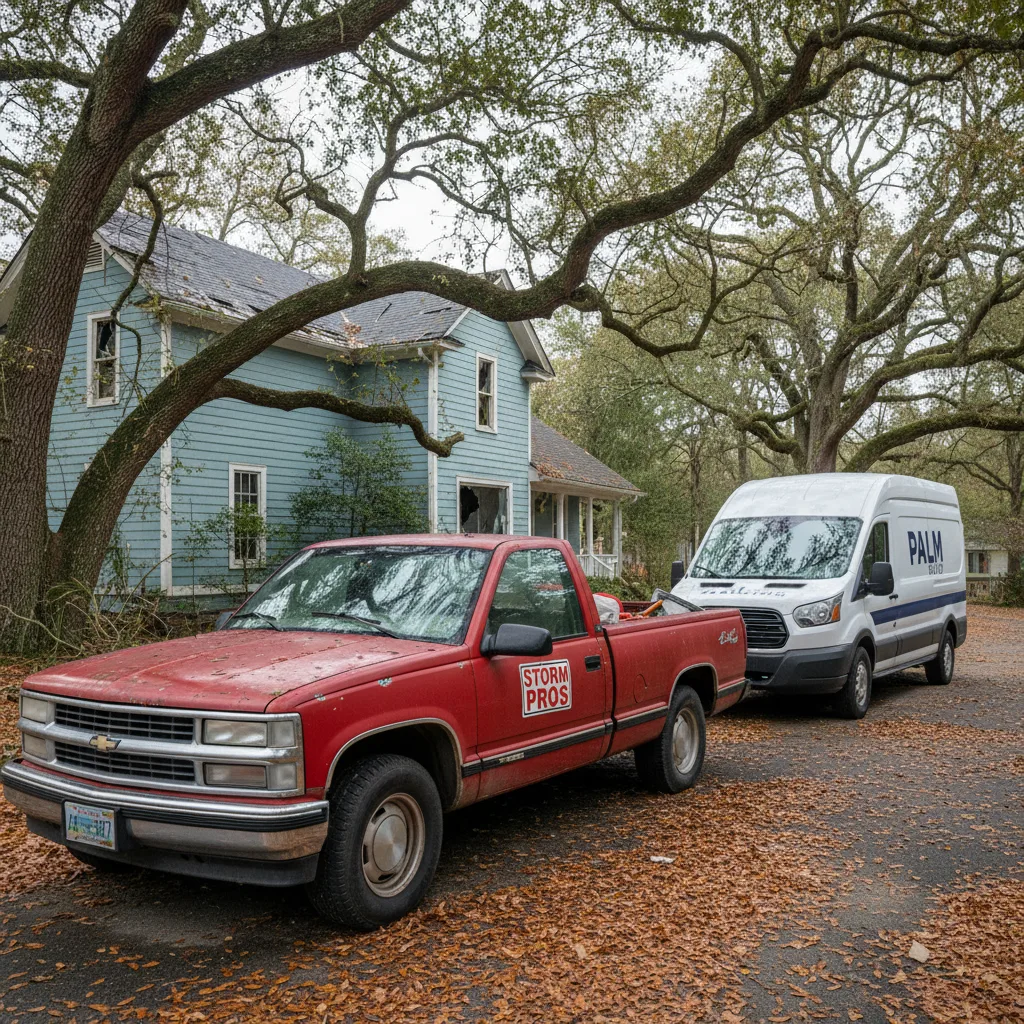 Two-vehicle comparison photograph in a residential driveway with the foreground showing a beat-up older pickup truck wearing a magnetic ROOFING sign and out-of-state license plates representing a storm-chaser contractor and the background showing a clean Palm Build branded service van with PALM BUILD lettering on the door panel representing a local restoration crew, cloudy afternoon light, environmental editorial composition
