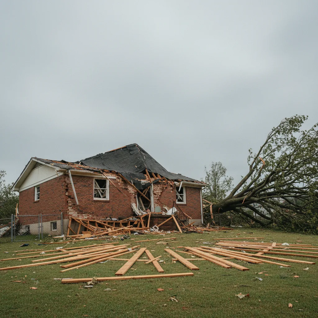 Documentary photograph of a North Carolina Piedmont single-story brick ranch home displaying the textbook tornado uplift signature — roof system entirely lifted off the top wall plate, exterior walls visibly bowed outward from internal pressure release, framing twisted off the foundation on one side, mature oak tree splintered and fallen across the front yard, two-by-four lumber and asphalt shingle debris fanned across the lawn in concentric arcs, grey overcast sky and weak diffuse post-storm light
