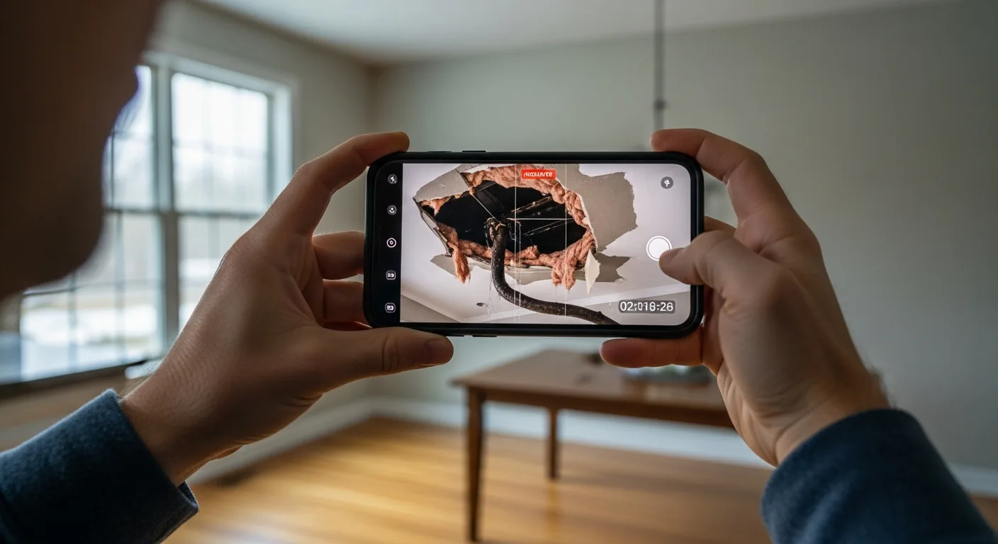 Over-the-shoulder documentary photograph of a homeowner photographing a water-stained ceiling with a smartphone, the phone screen showing the live camera viewfinder displaying a ragged hole in the drywall ceiling with a dark tree limb and torn insulation visible through the hole, daylight streaming from a side window