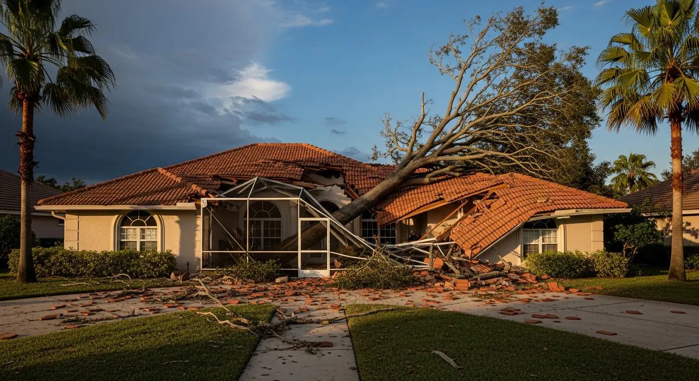 Single-story Florida stucco home with terracotta tile roof and a massive mature live oak fallen diagonally through the right-side roof line, jagged section of roof completely caved in, broken tiles scattered across the front lawn, palm trees framing the property, golden-hour rake light, retreating storm clouds in the distance, no people in frame