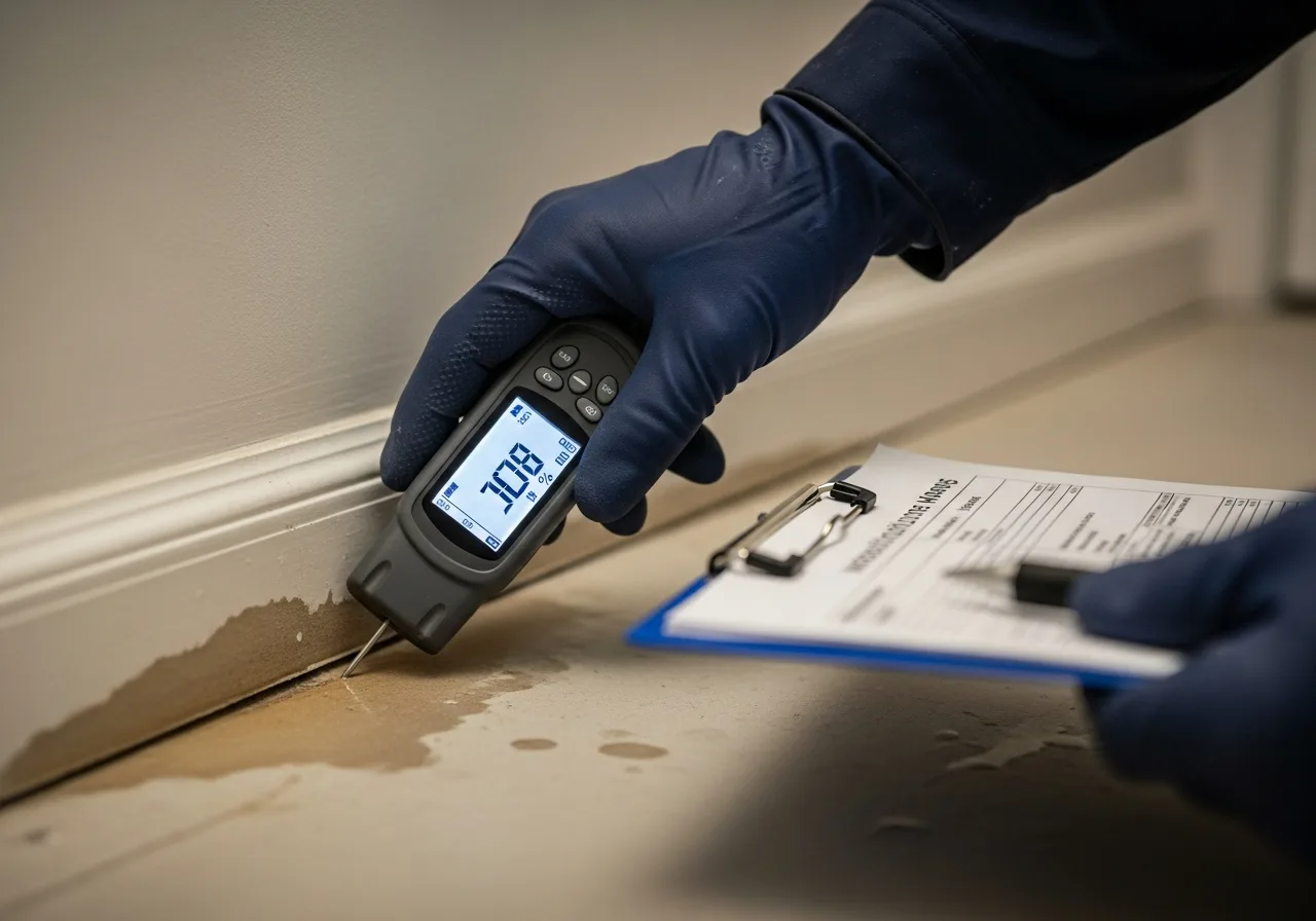 Documentary close-up of a restoration technician's gloved hand using a digital pin-style moisture meter on wet drywall at a baseboard, the meter screen showing a high moisture percentage reading, slight water staining on the lower drywall, professional documentary lighting