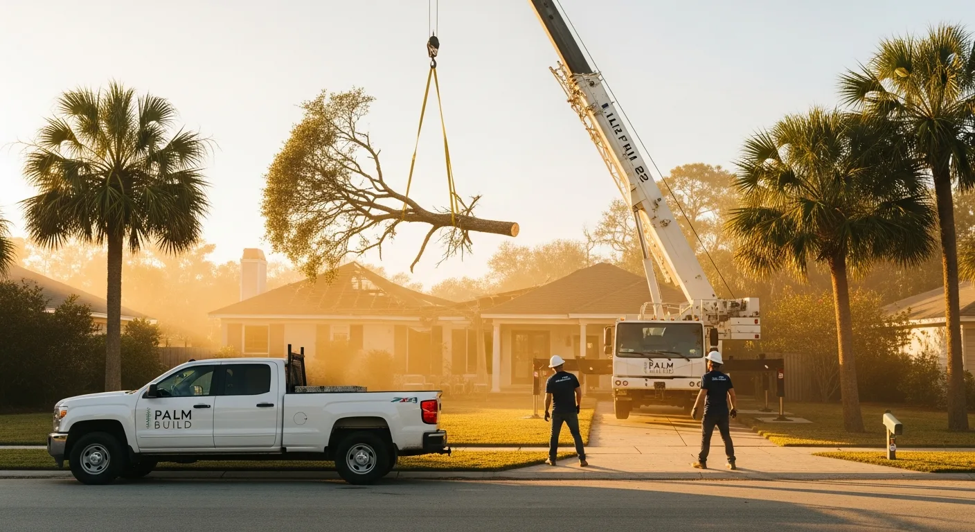 Wide editorial photograph at the curb of a single-story South Carolina coastal home with a clean white Palm Build work pickup truck parked at the curb, a tall mobile crane lifting a large oak tree section off the partially caved-in roof in the mid-ground, two workers in navy polos and white hard hats on the lawn directing the lift, palmetto trees framing the property, end-of-day warm light