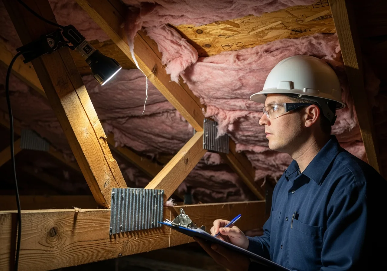 Structural engineer in a white hard hat, safety glasses, and a navy collared work shirt examining a sagging cracked roof rafter from inside an attic with a clipboard, an LED work light clamped to a nearby truss casting a directional beam onto the damaged wood, exposed pink fiberglass insulation