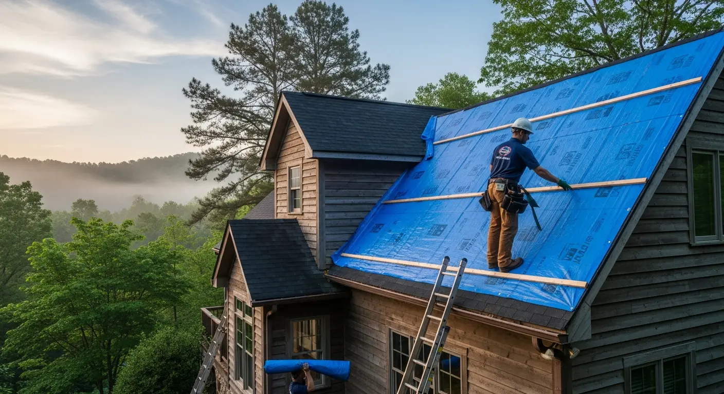 Restoration technician in a navy work polo and white hard hat installing a heavy-duty bright blue waterproof tarp on the front-right slope of a North Carolina mountain home roof at dawn, soft cool blue and pink early-morning sky, mature pines and dogwoods framing the home, fine valley mist behind