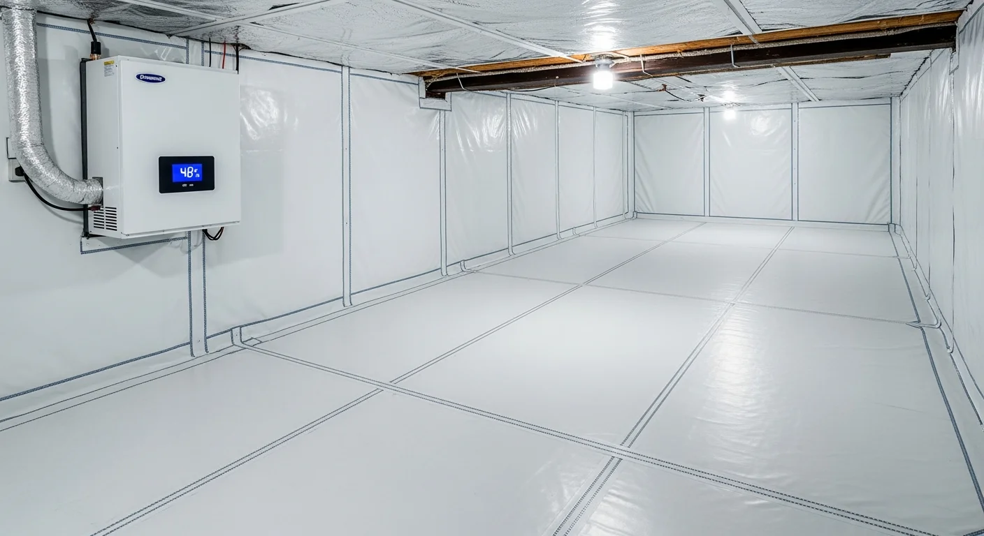 Side-by-side comparison of a bare crawl space with basic plastic sheeting on the ground versus a fully encapsulated crawl space with bright white sealed liner and dehumidifier