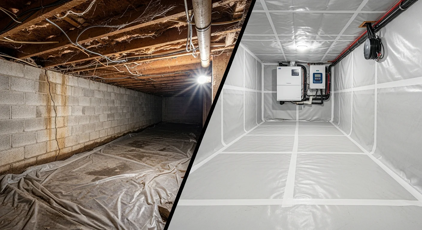Side-by-side comparison of a bare crawl space with a basic vapor barrier on the left versus a fully encapsulated crawl space with white liner and dehumidifier on the right