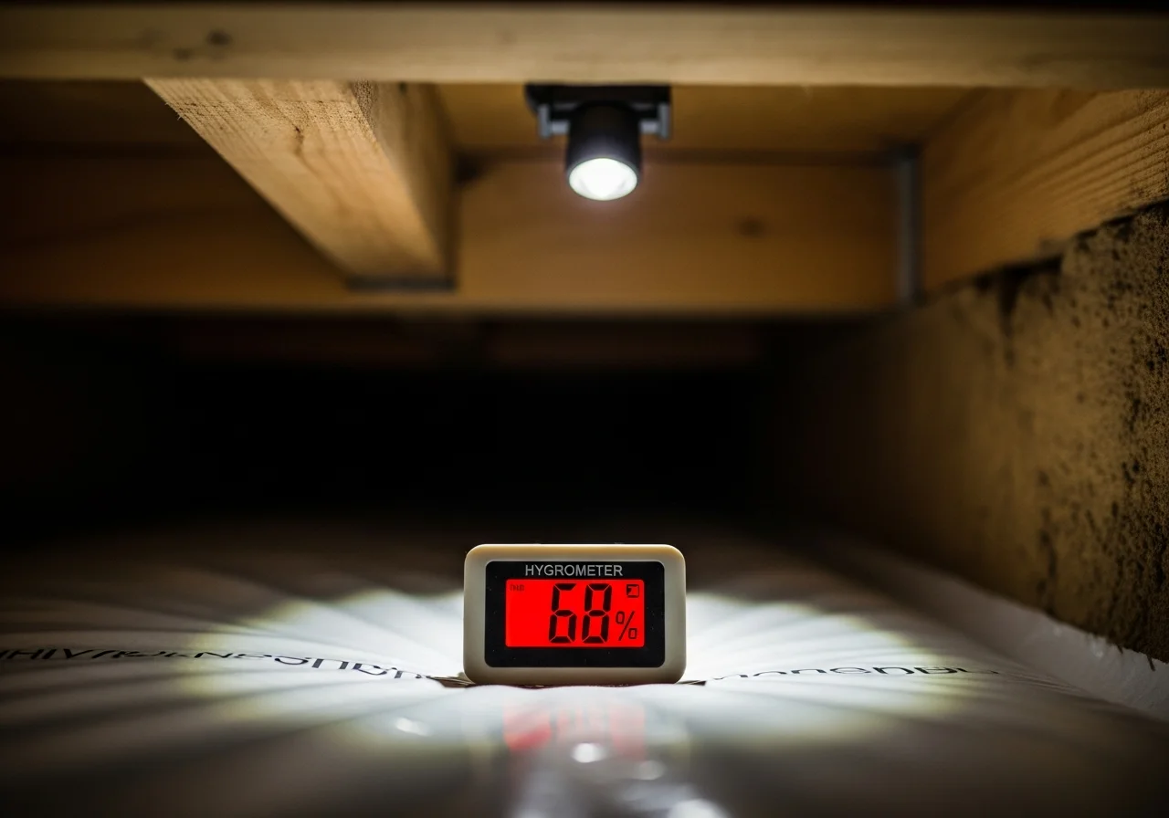 Close-up of a digital hygrometer inside a crawl space showing 68 percent relative humidity in red digits, with wooden floor joists visible above