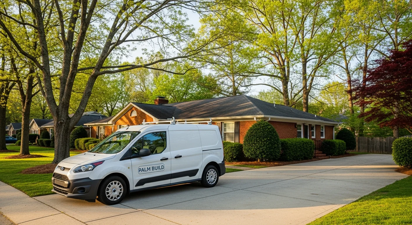 Palm Build branded white work van parked in the driveway of a one-story brick ranch home in a suburban North Carolina neighborhood with mature oak trees and morning light