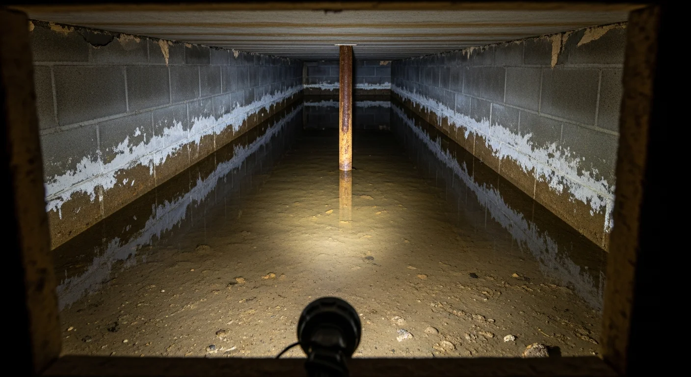 Standing water pooled across the bare dirt floor of a crawl space viewed from the access hatch, with efflorescence on concrete block walls and a rusted pier post in the water