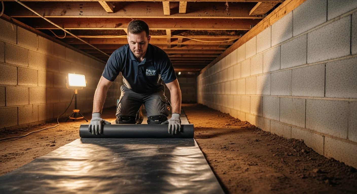 Palm Build technician rolling out a heavy-duty vapor barrier across a crawl space dirt floor with concrete block walls and wooden floor joists visible above