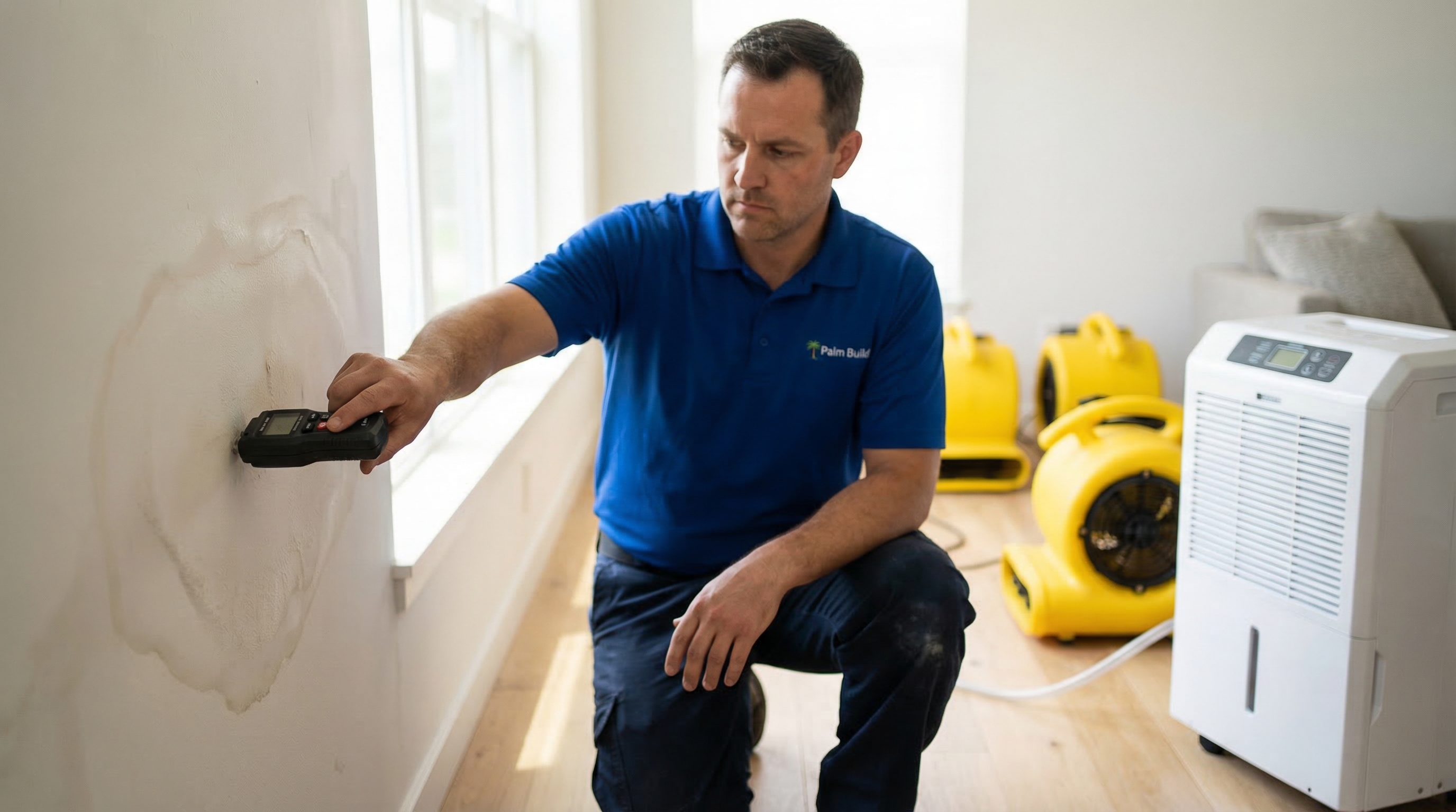 Professional restoration technician using a moisture meter on water-damaged drywall with industrial dehumidifiers and air movers staged in the background