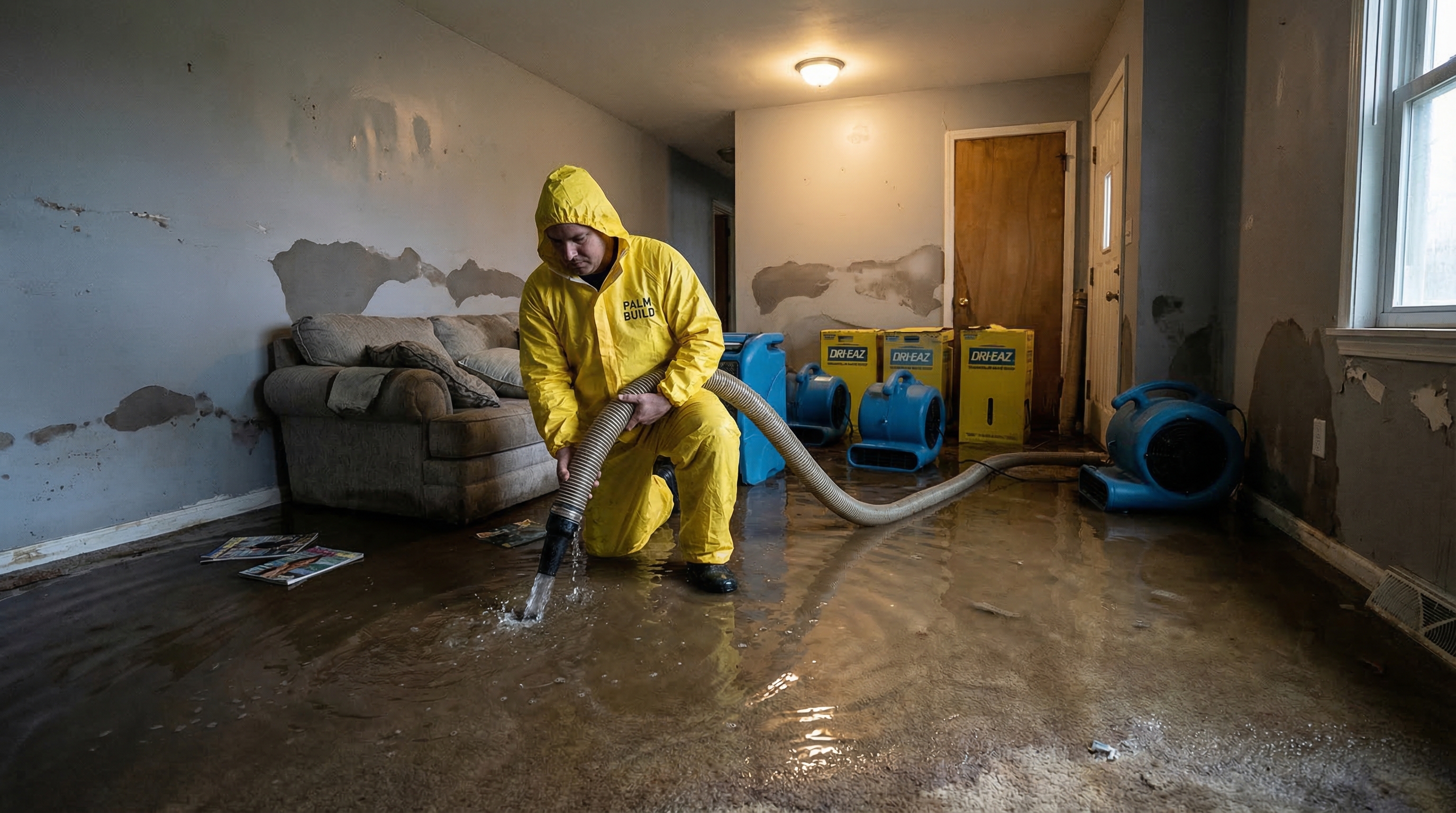 Professional water extraction in progress on a residential floor with commercial dehumidifiers and air movers positioned throughout the room