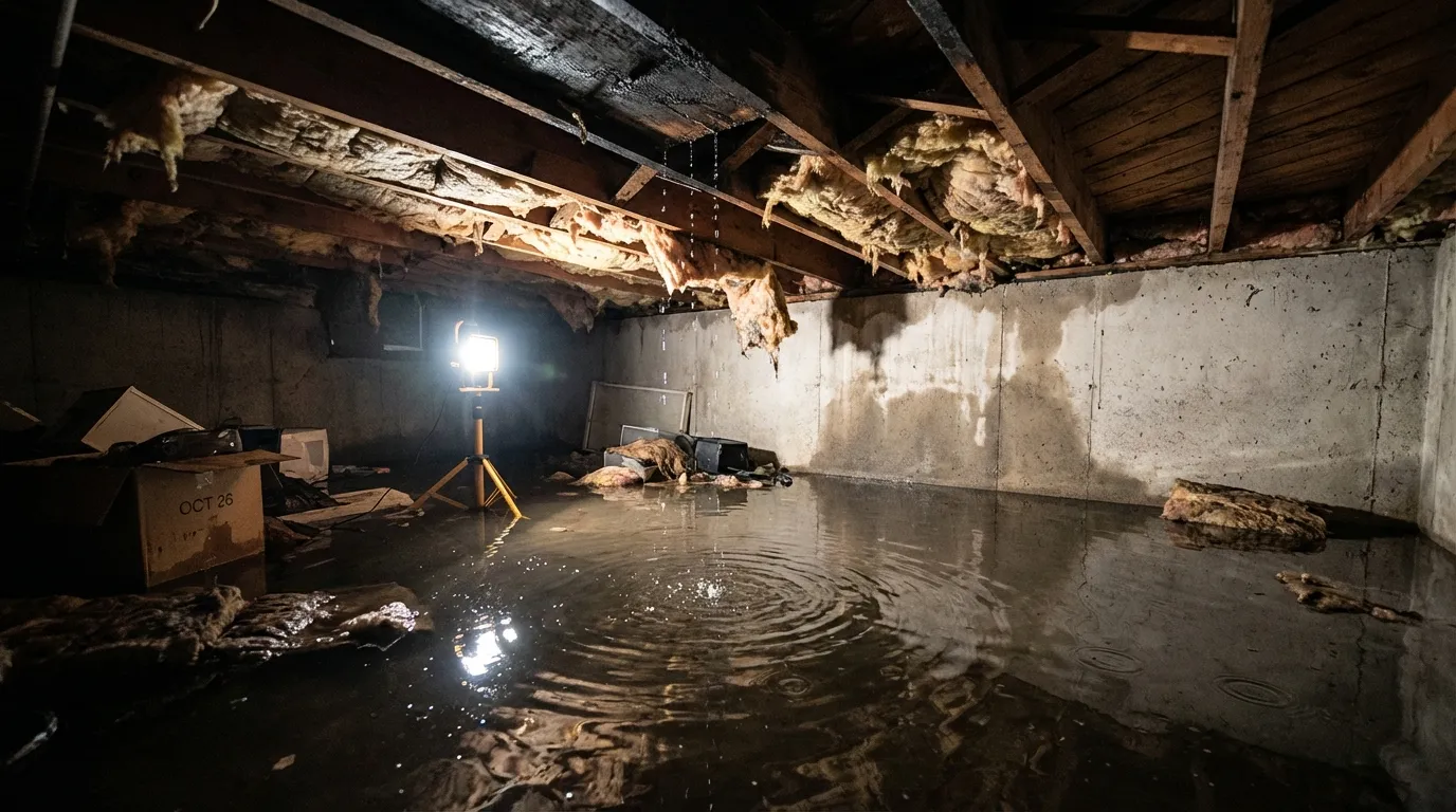 Basement flooded with water dripping through a charred and damaged ceiling from firefighting operations above