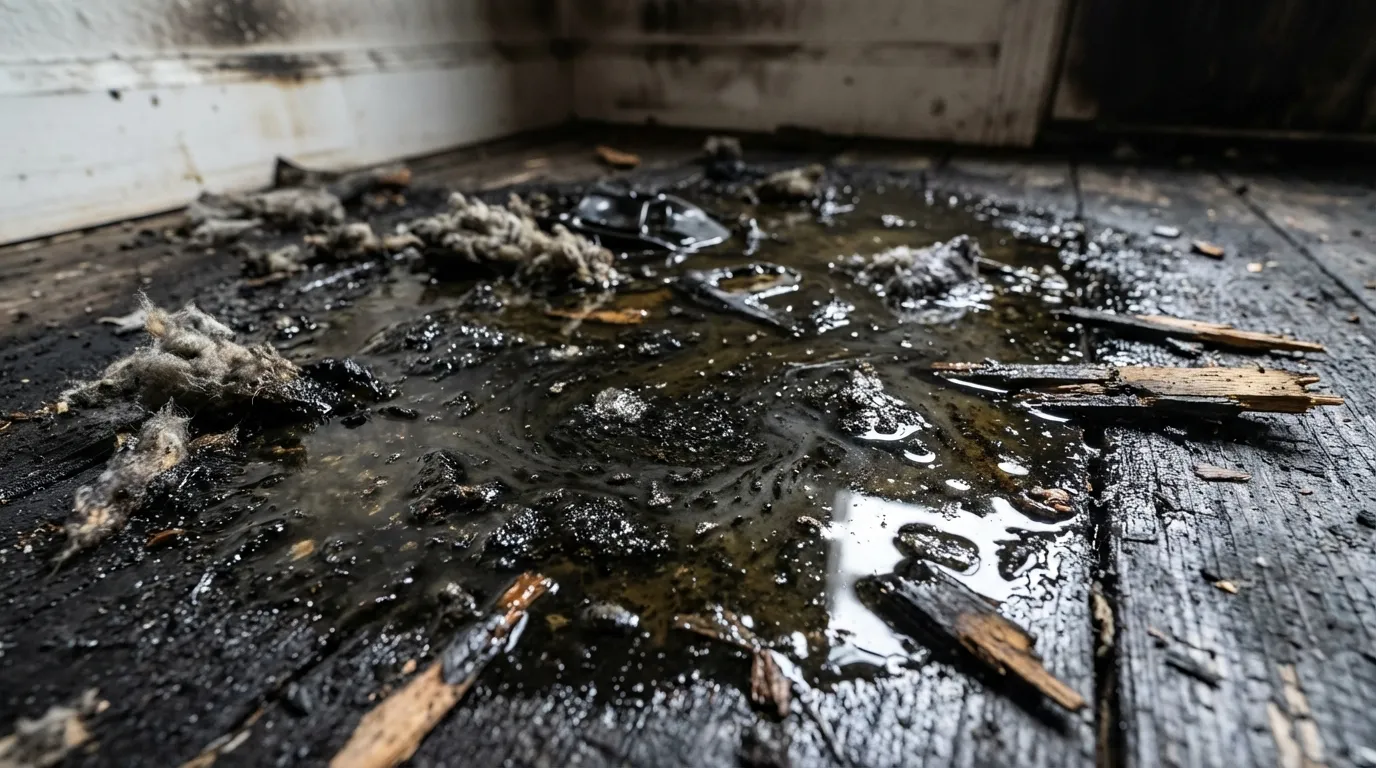 Close-up of dark contaminated firefighting water pooling on a floor with floating ash, soot, insulation debris, and melted materials