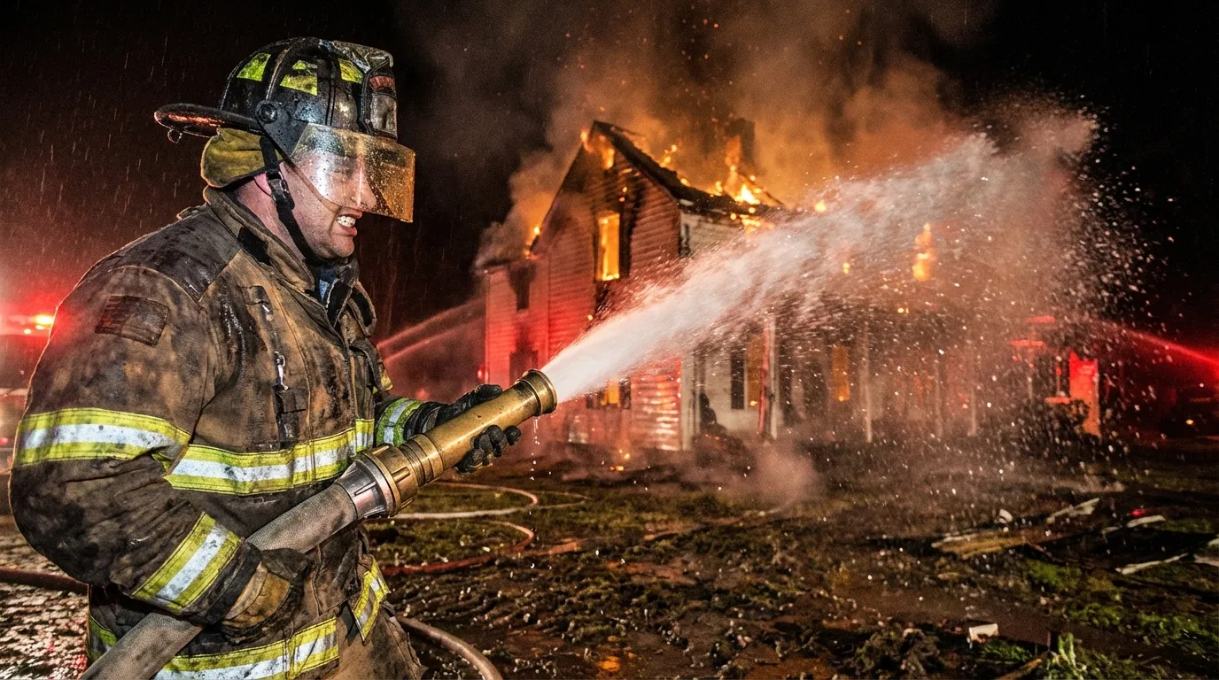 Close-up of a firefighter spraying a high-pressure water stream from a fire hose into a burning residential structure