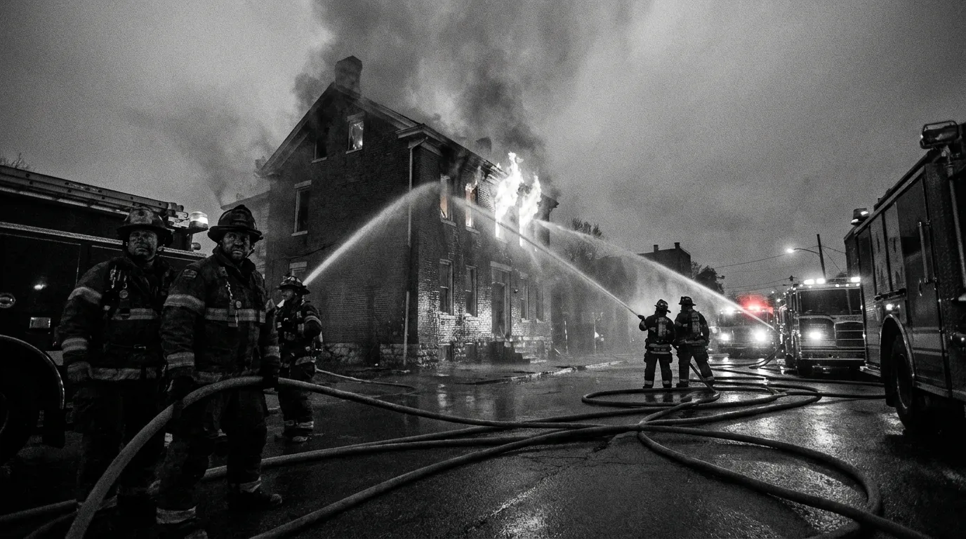 Firefighters spraying high-pressure water hoses into a residential home at night during fire suppression operations