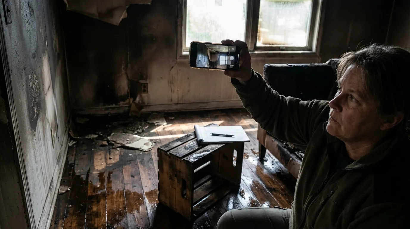 Homeowner using smartphone to photograph and document fire and water damage for an insurance claim