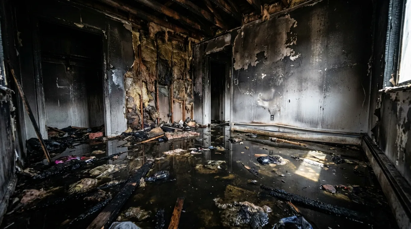 Interior of a home after fire suppression with standing soot-stained water covering the floor, charred walls, and saturated drywall