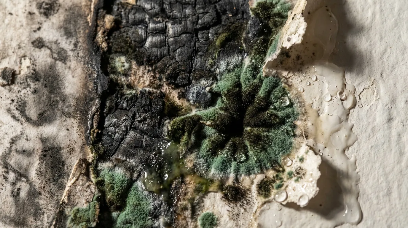 Black and green mold colonies growing on fire-damaged drywall where soot and firefighting water combined to create ideal conditions for mold growth