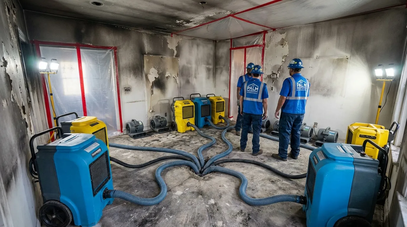 Commercial dehumidifiers and air movers set up in a fire-damaged room for professional structural drying