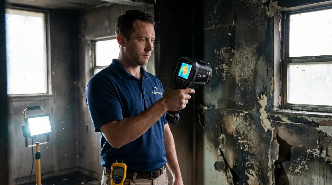 Palm Build technician using thermal imaging camera to detect hidden moisture in a fire-damaged wall