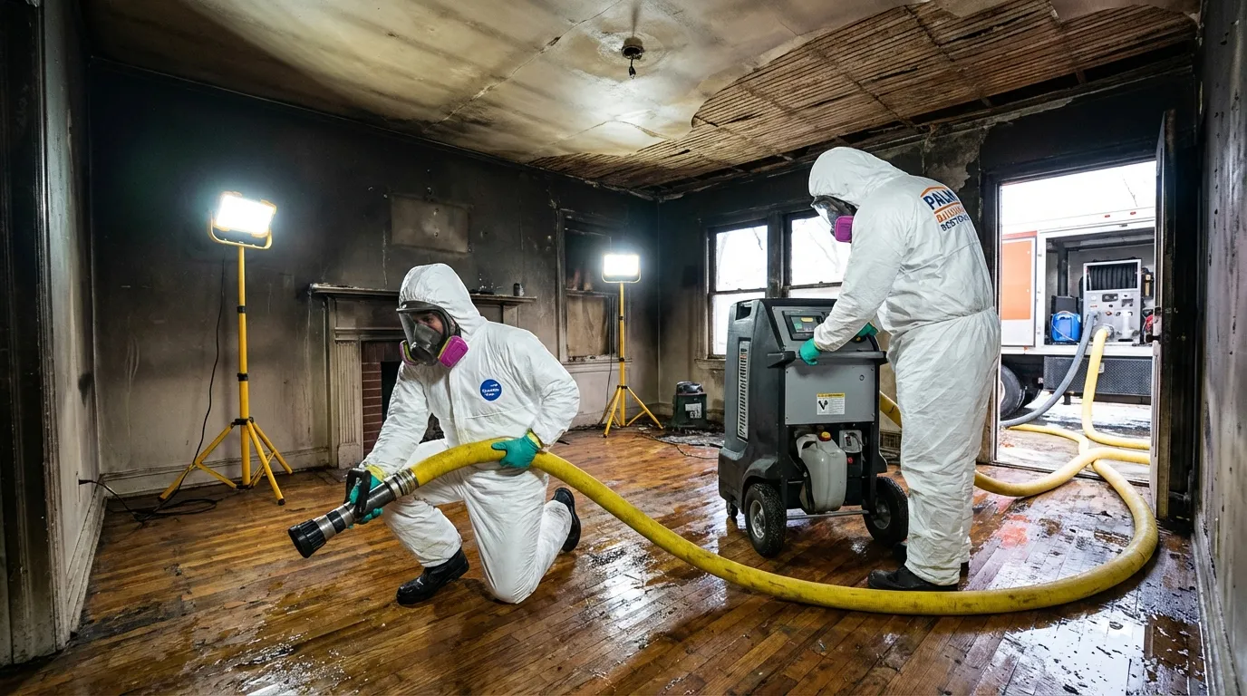 Palm Build restoration crew in protective equipment extracting water from a fire-damaged residential living room using professional equipment
