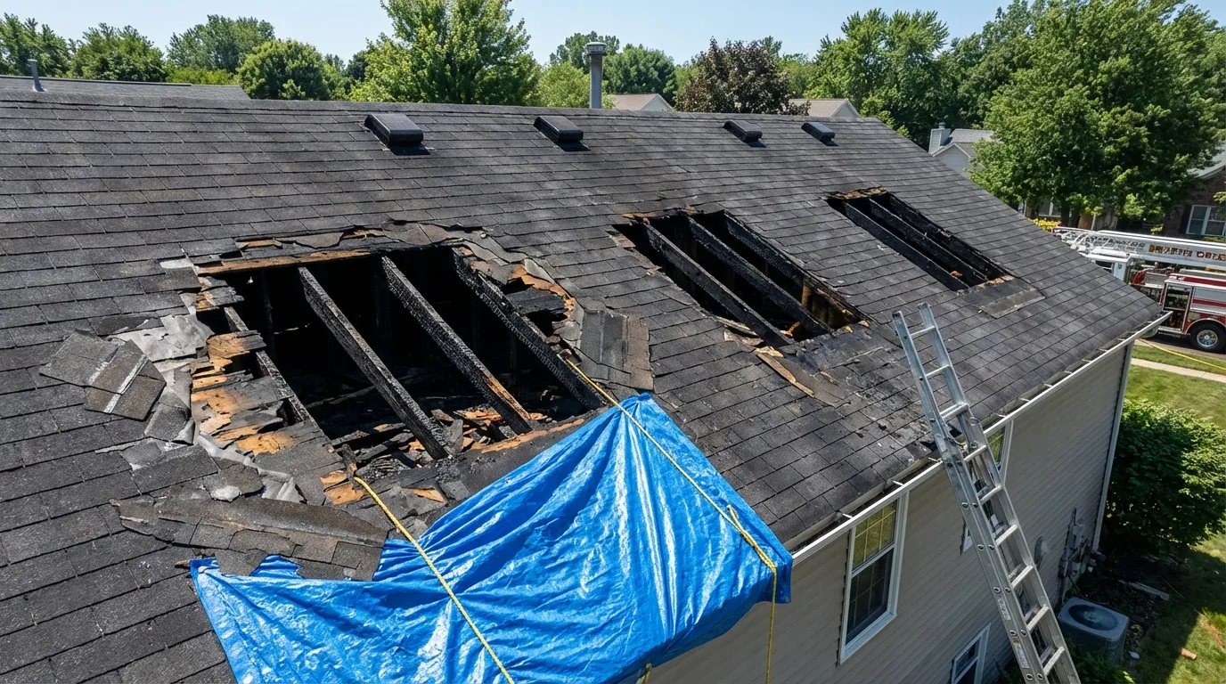 Exterior view of a residential roof with large ventilation holes cut by firefighters, partially covered with an emergency blue tarp