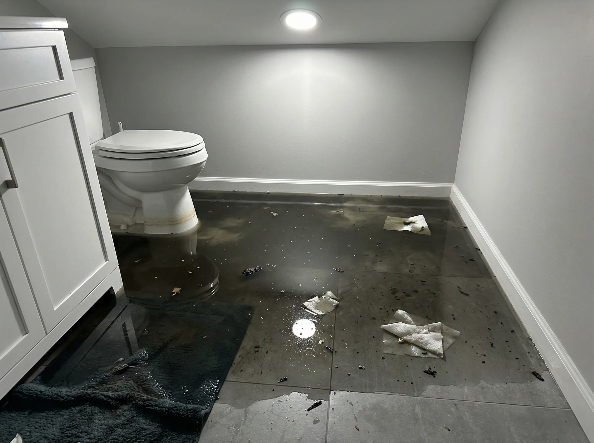 Category 3 contaminated water damage on a bathroom floor requiring full PPE and professional cleanup