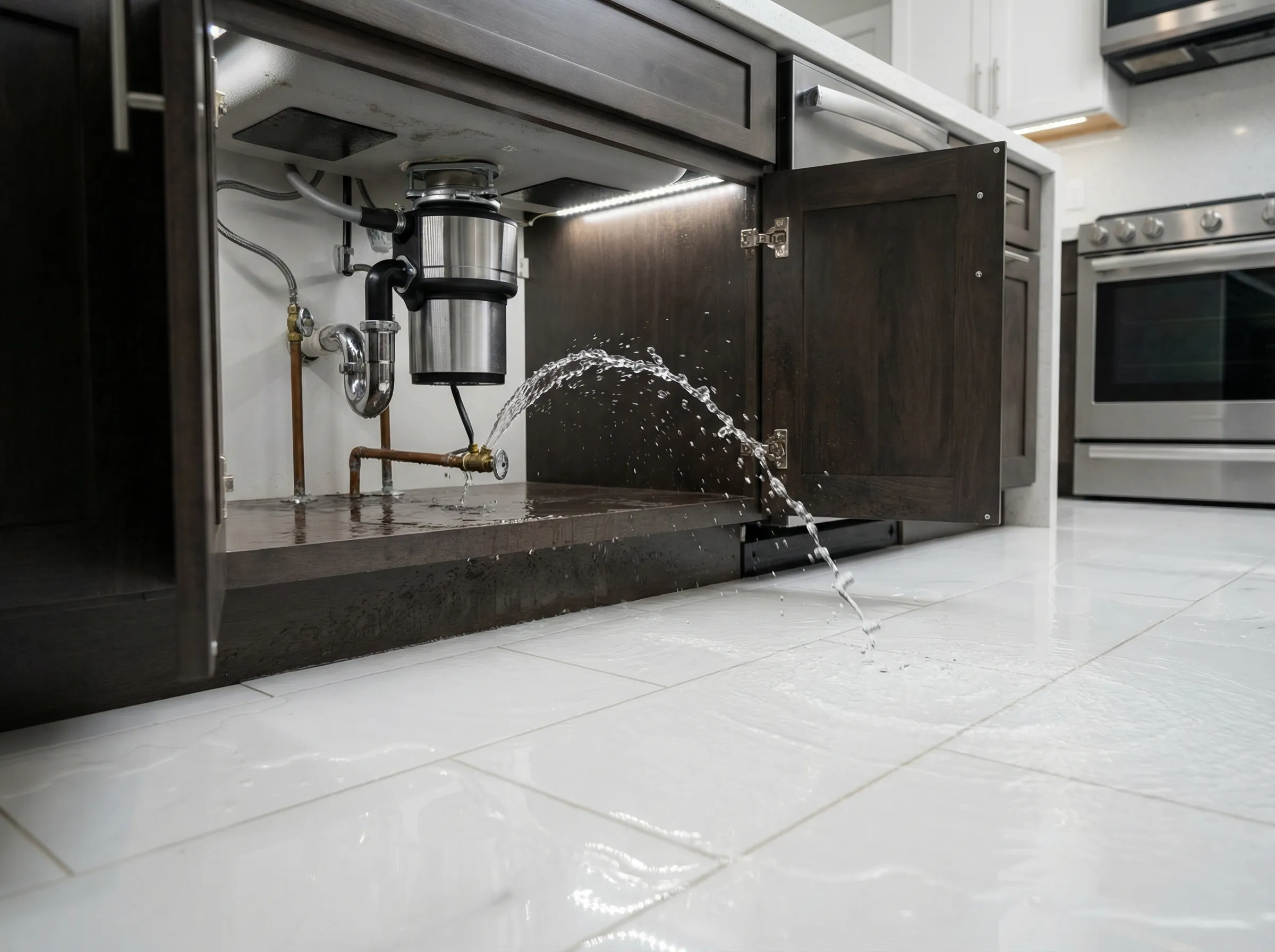 Clean water damage from a burst supply line under a kitchen sink, Category 1 water pooling on tile floor