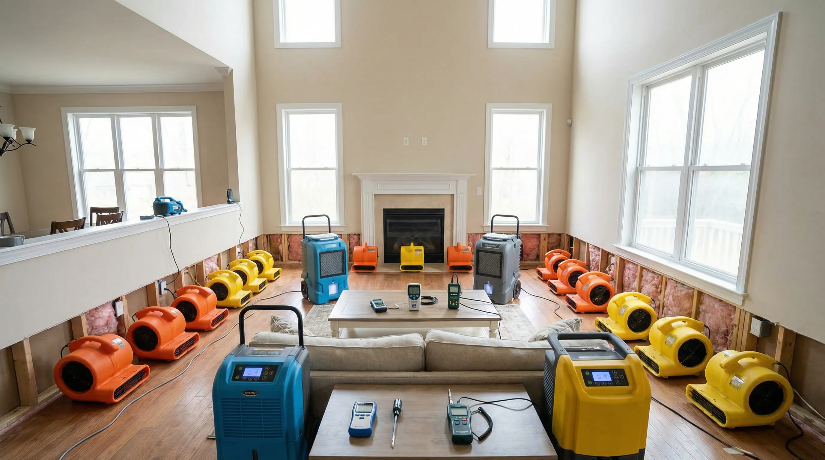Commercial dehumidifiers and high-velocity air movers positioned throughout a room during professional structural drying