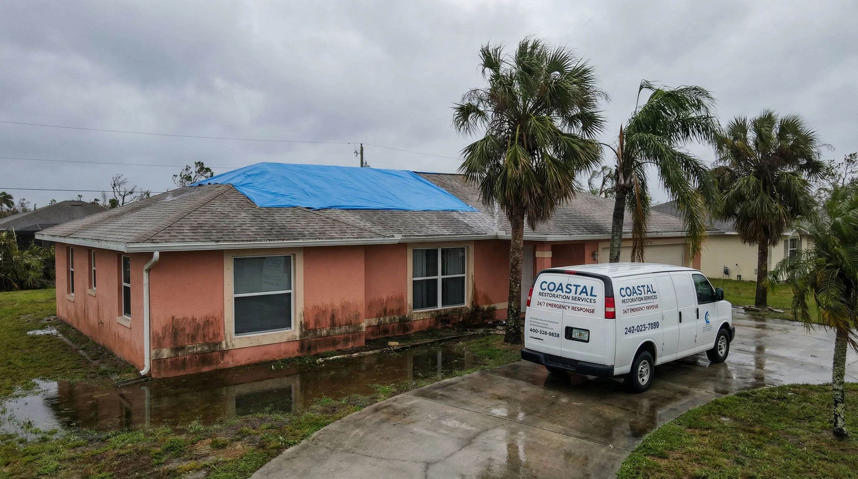 Florida-style stucco home with visible water intrusion damage after a tropical storm, temporary roof tarp and palm trees in background