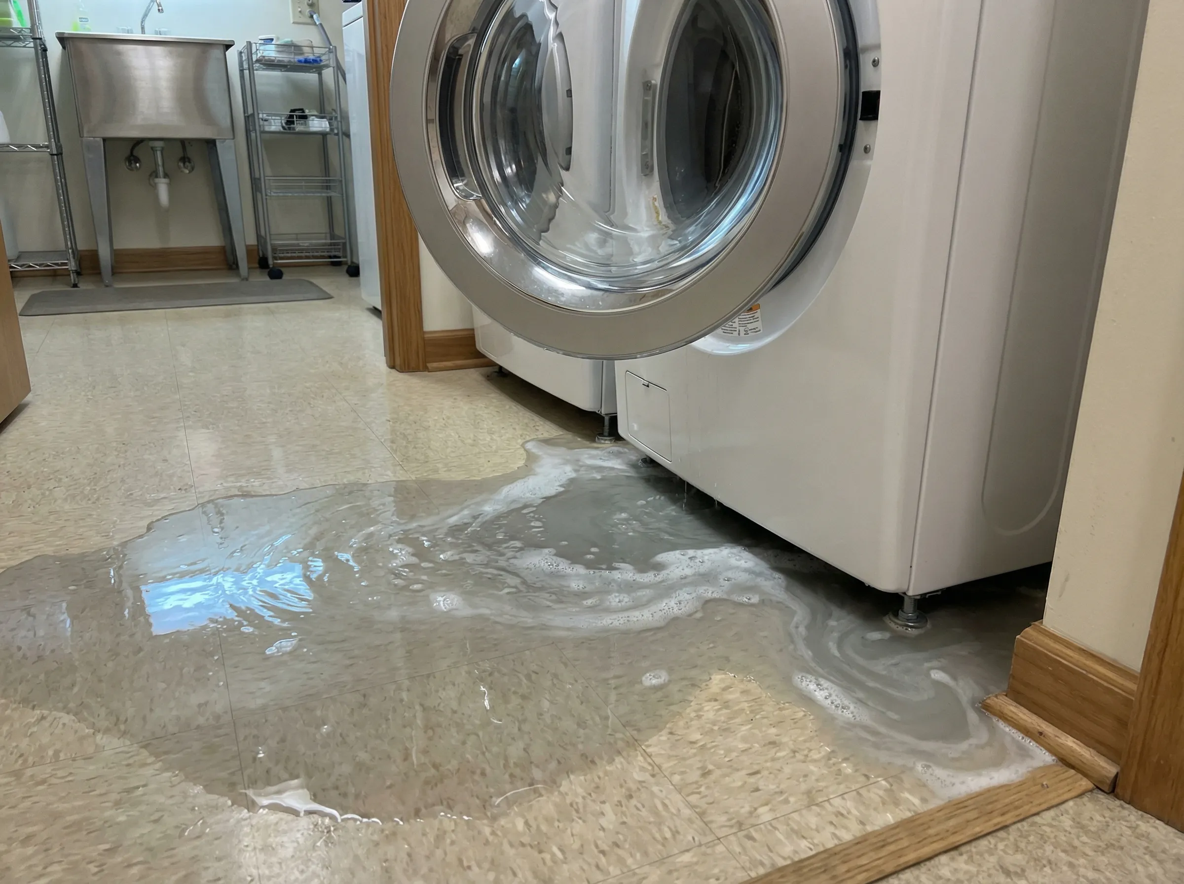 Gray water damage from a washing machine overflow spreading across a laundry room floor, Category 2 water