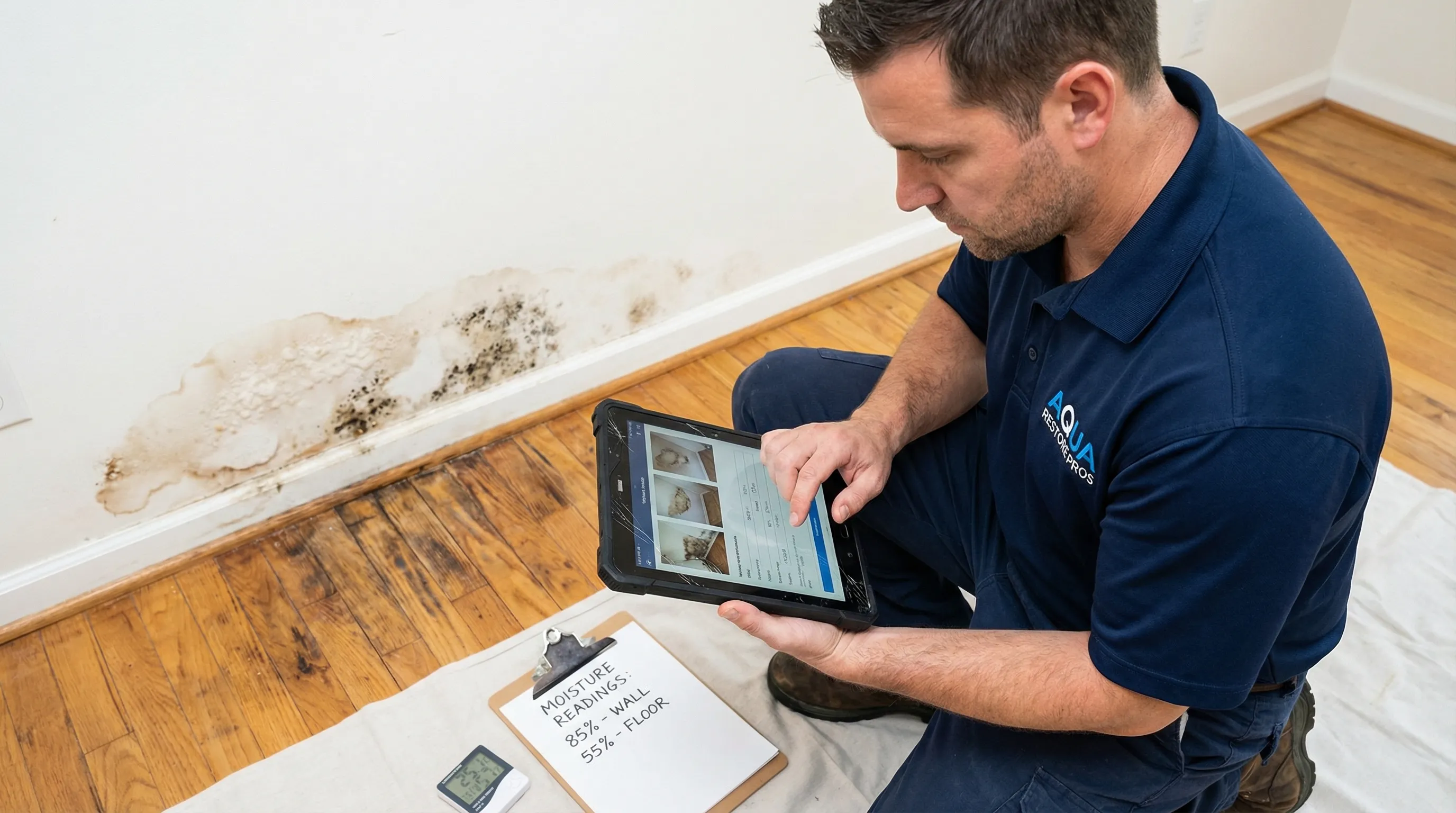 Restoration technician using a tablet to photograph and document water damage for an insurance claim assessment