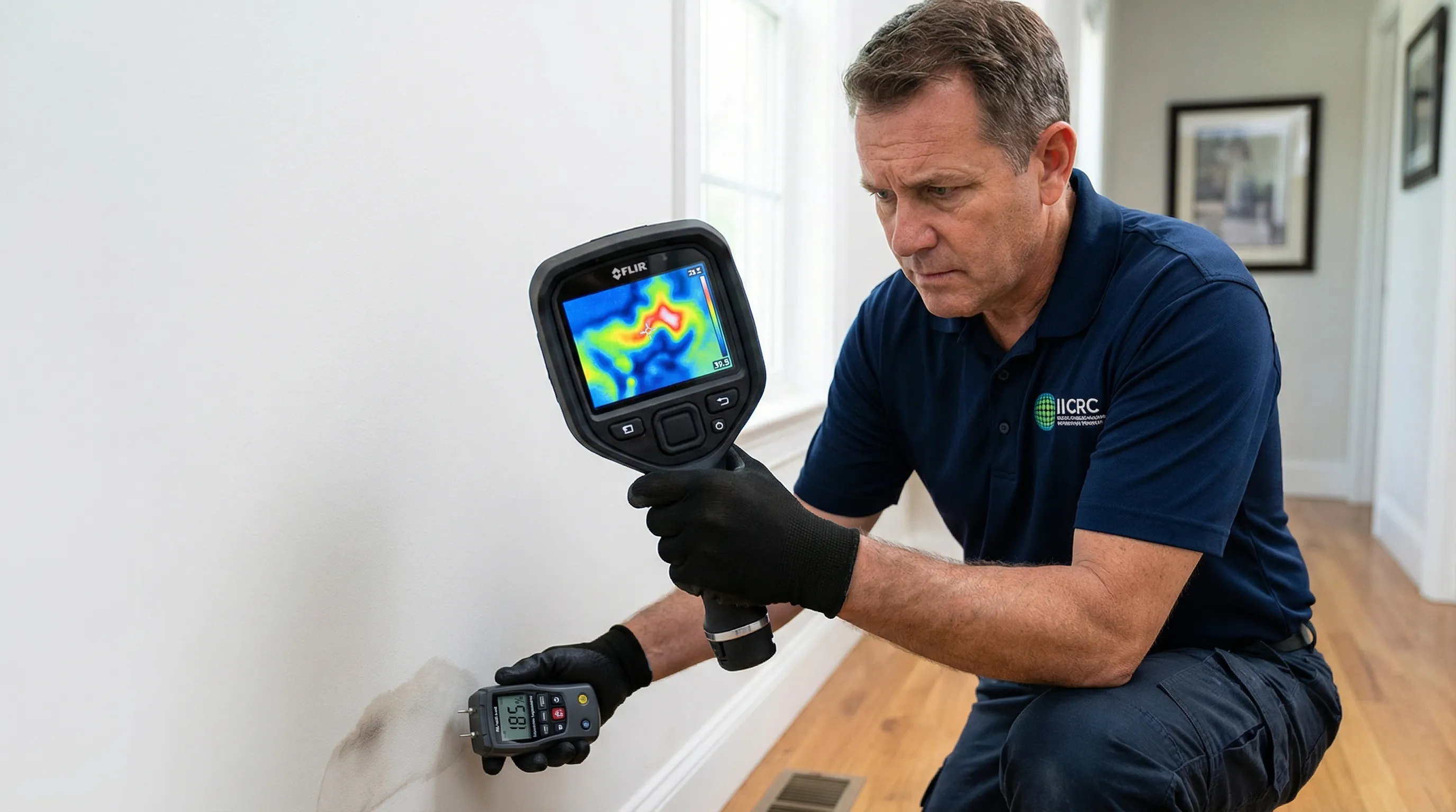 IICRC-certified technician using a FLIR thermal imaging camera to detect hidden moisture in a water-damaged wall