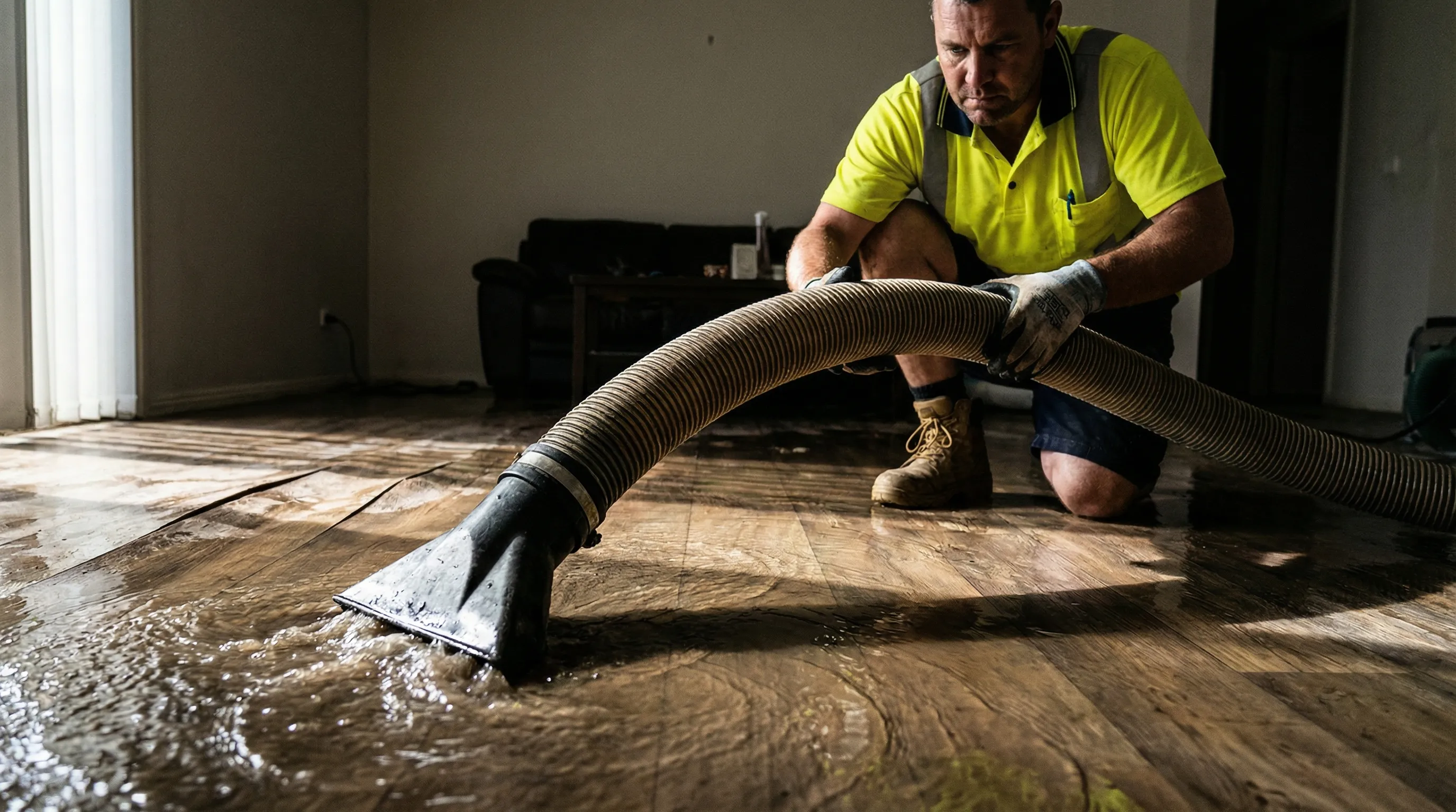 Professional truck-mounted water extraction equipment removing standing water from a flooded residential floor